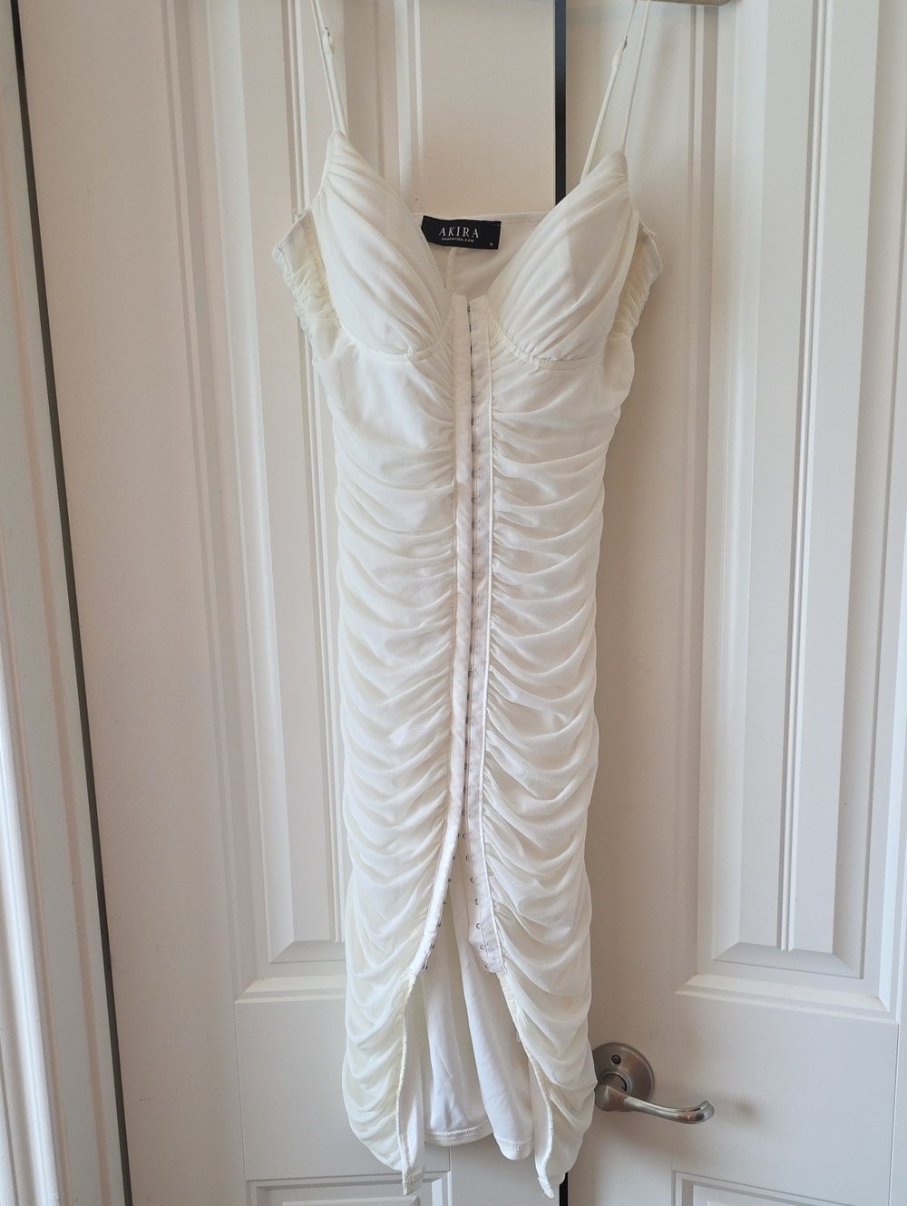 AKIRA Ivory Ruched Spaghetti-Strap Midi Dress